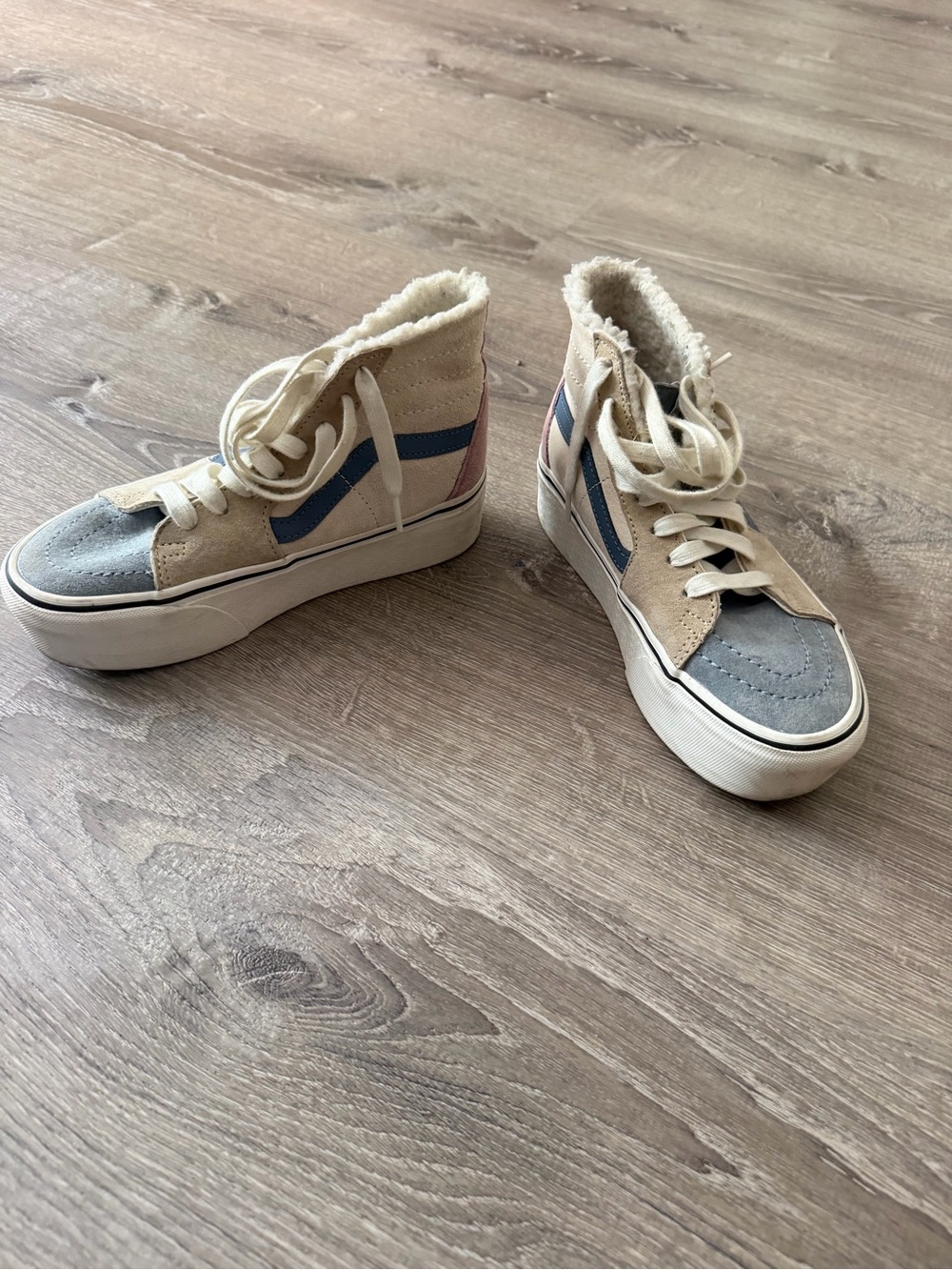 Vans Platform High-Top Sneakers in Beige, Blue & Pink